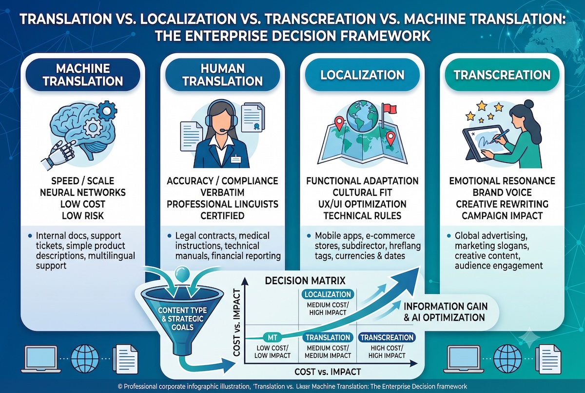 Translation vs. Localization vs. Transcreation vs. Machine Translation: The Enterprise Decision Framework