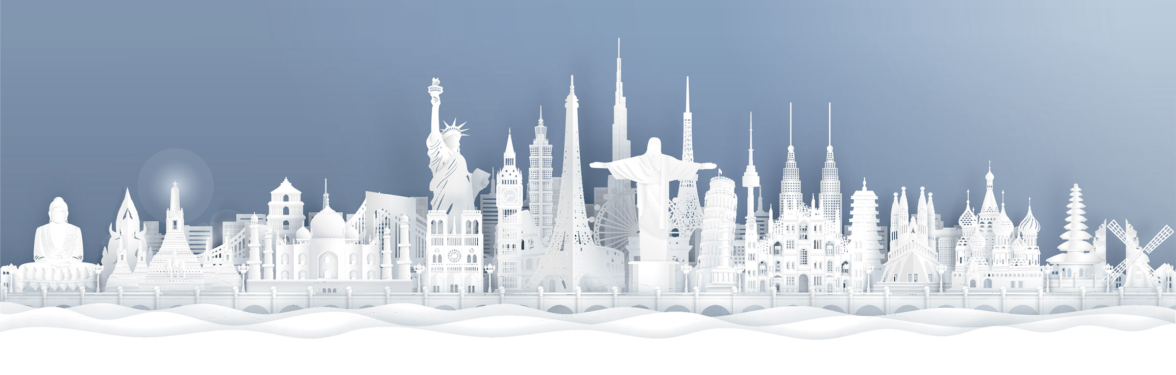 64 world Panorama postcard and travel poster of world famous landmarks of europe, Holland, France, Germany, Belgium, Spain and England in paper cut style vector illustration